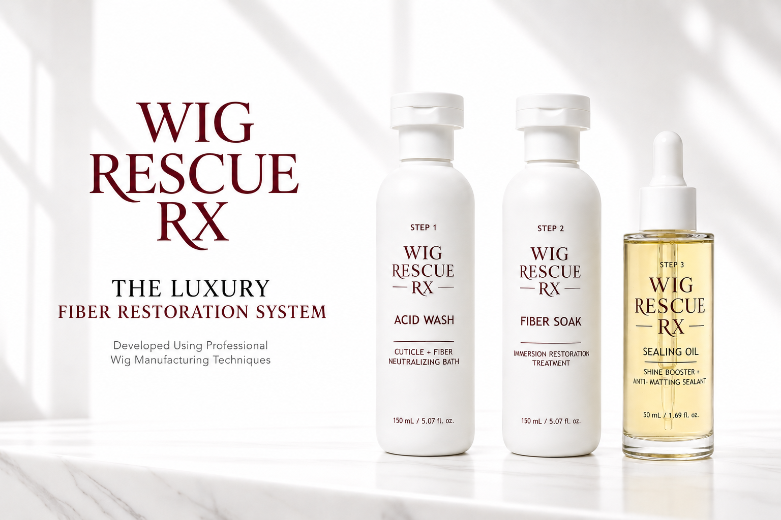 Wig Rescue RX, The Luxury Fiber Restoration System, developed using professional wig manufacturing techniques: Acid Wash, Fiber Soak and Sealing Oil