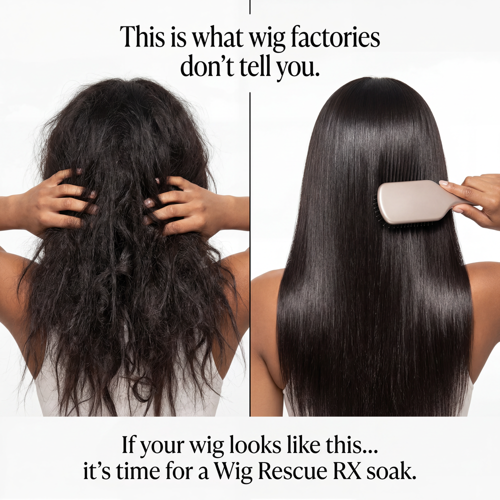 Hair fibers shown before and after the Wig Rescue RX Restoration Ritual