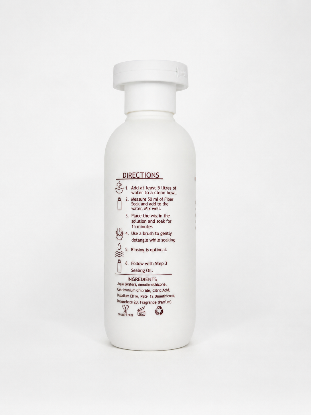 Wig Rescue RX Fiber Soak bottle side angle showing directions and ingredients