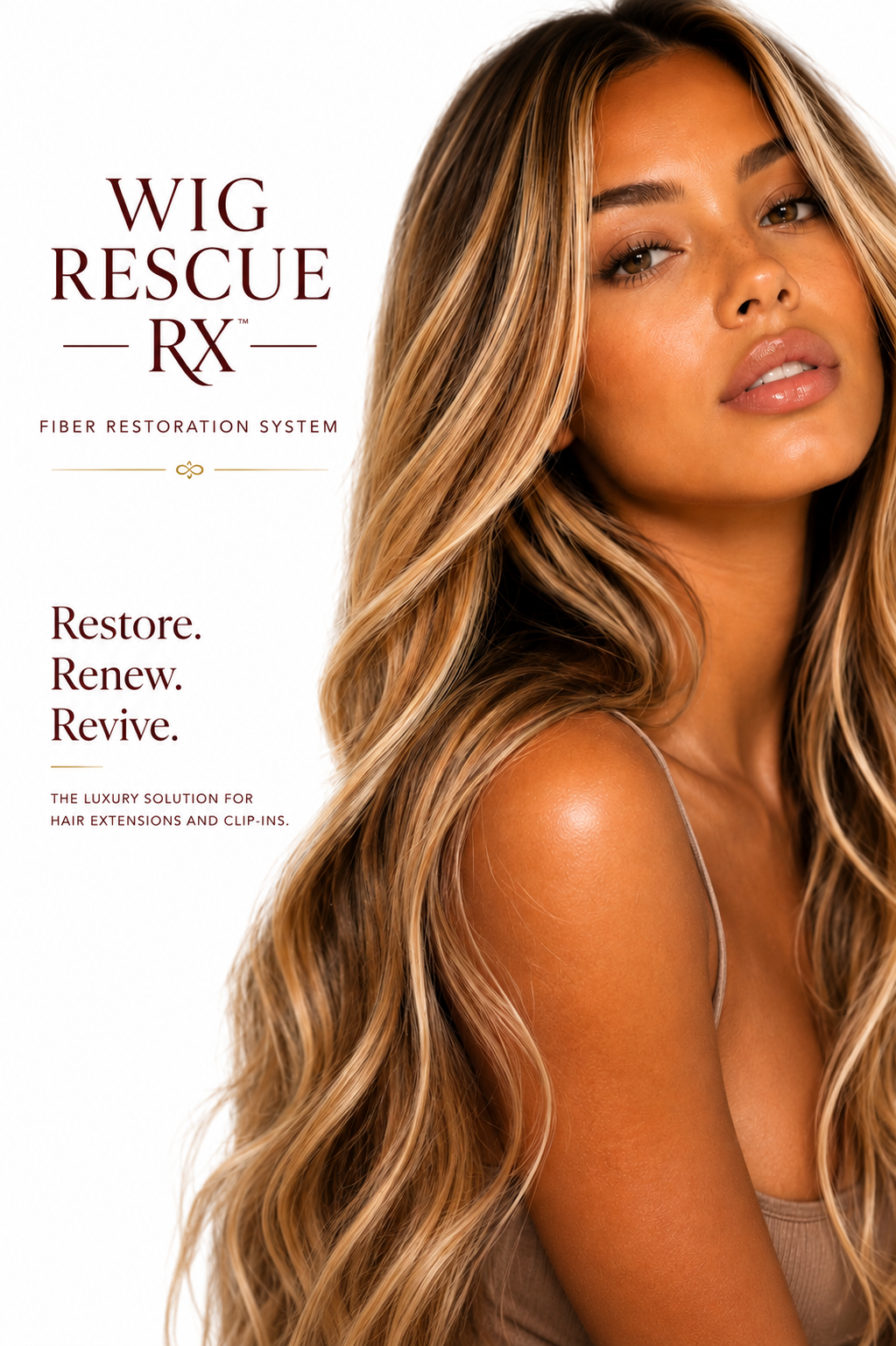 Model wearing restored hair with the Wig Rescue RX brand logo