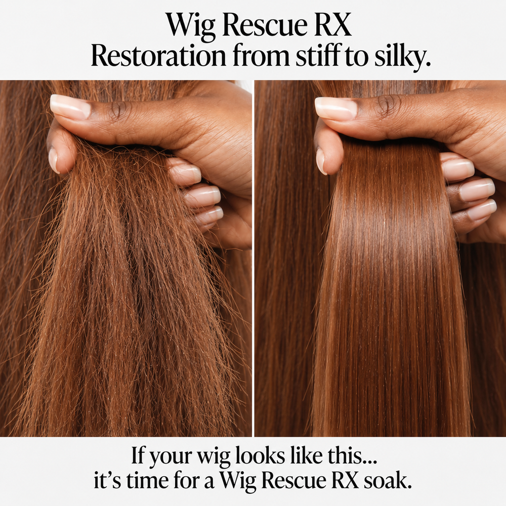 Hair fibers shown before and after the Wig Rescue RX Restoration Ritual