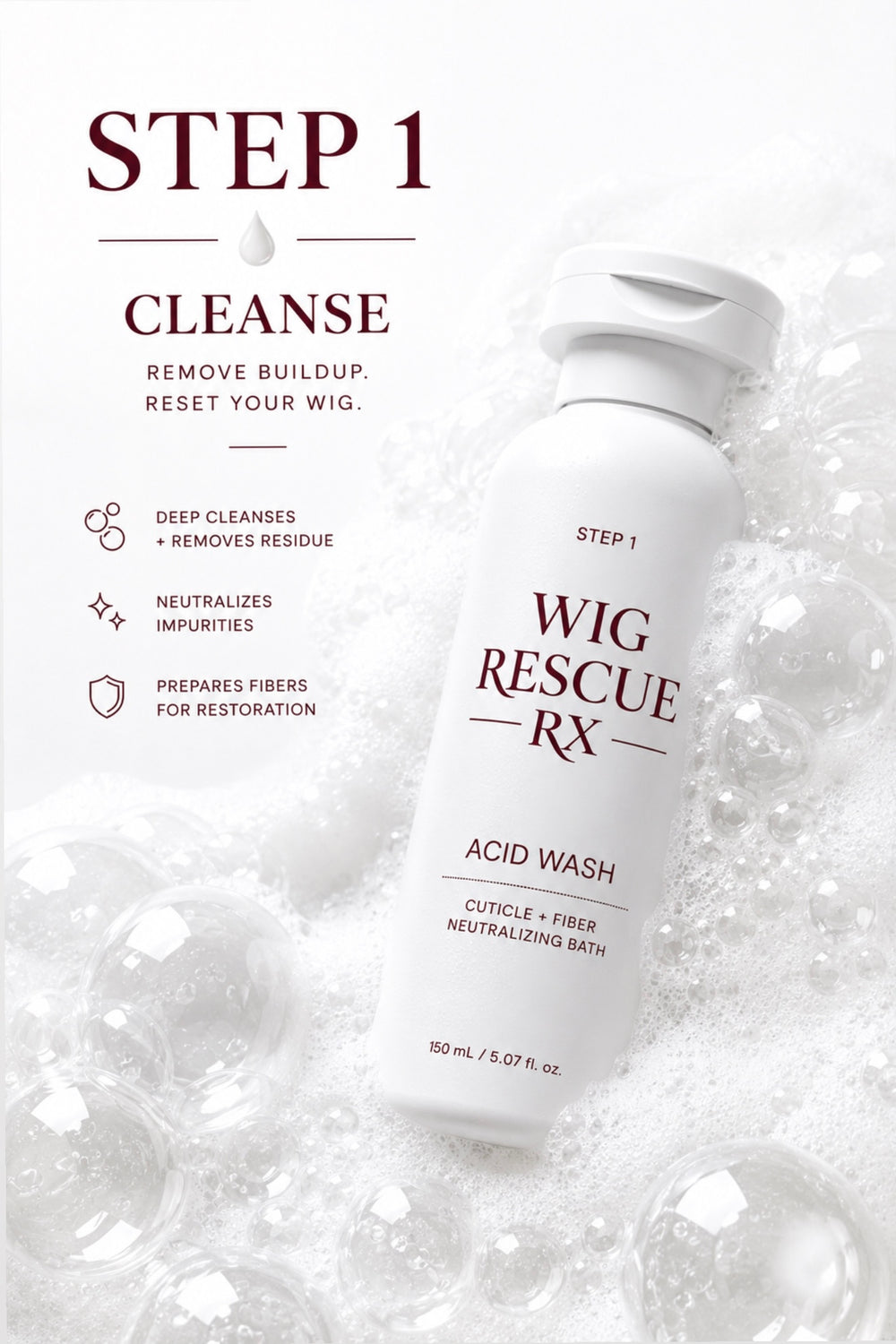 Wig Rescue RX Acid Wash, Step One of the Restoration Trilogy, shown with cleansing foam