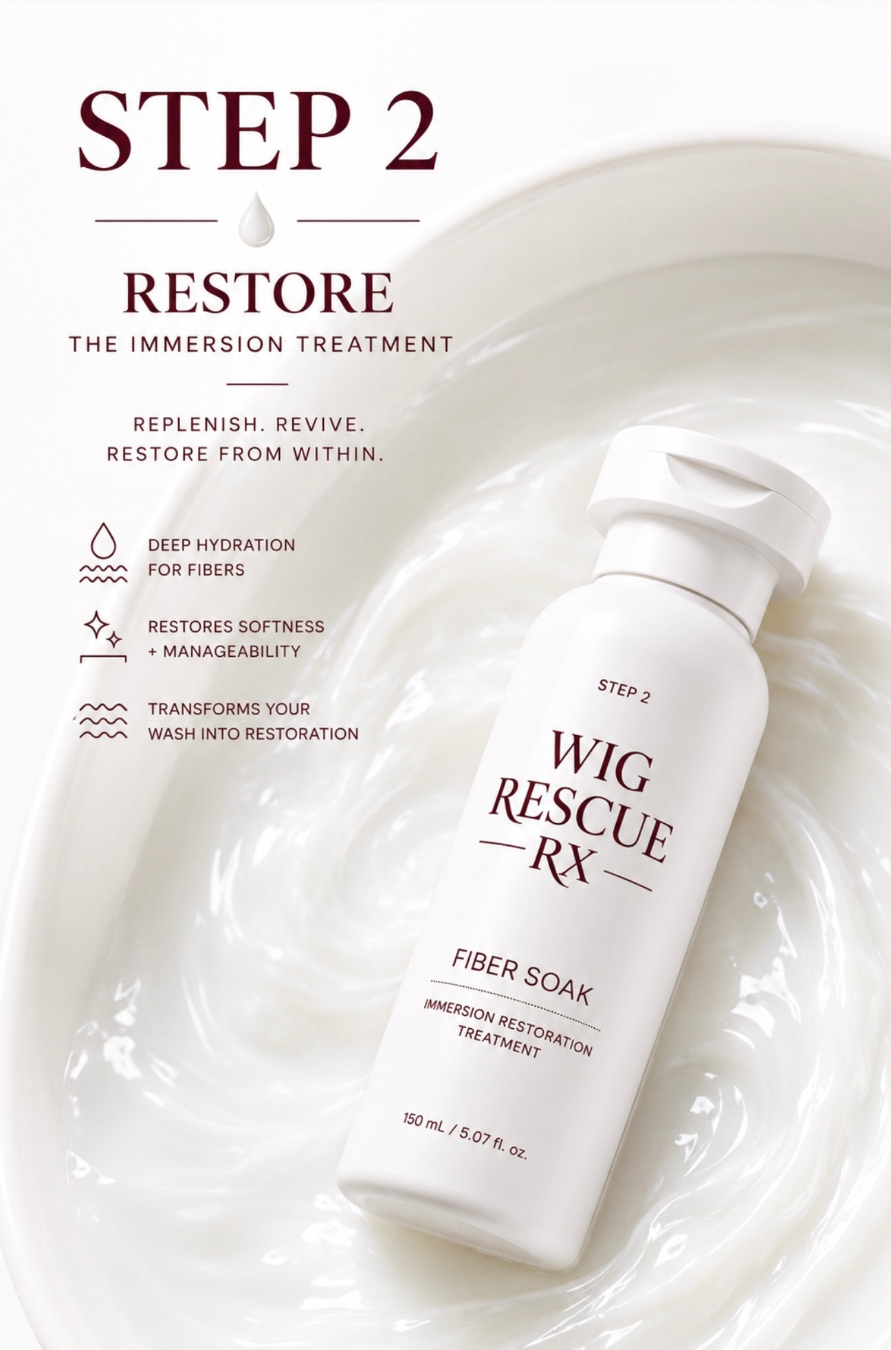 Trilogy Step 2, Wig Rescue RX Fiber Soak immersion restoration treatment