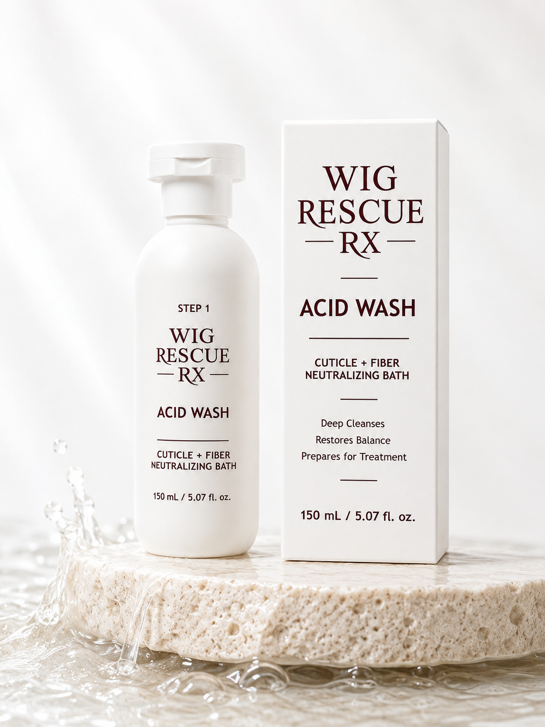 Wig Rescue RX Acid Wash 150 mL bottle and carton, Step 1 acidic preparation treatment