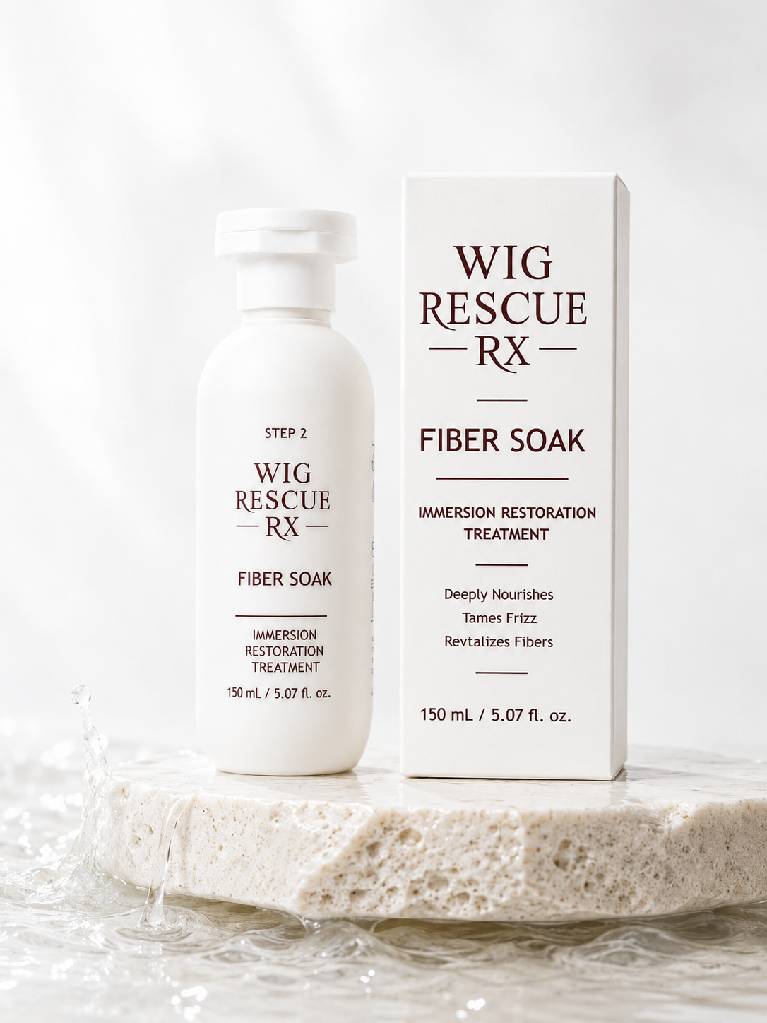 Wig Rescue RX Fiber Soak 150 mL bottle and carton, Step 2 immersion restoration treatment