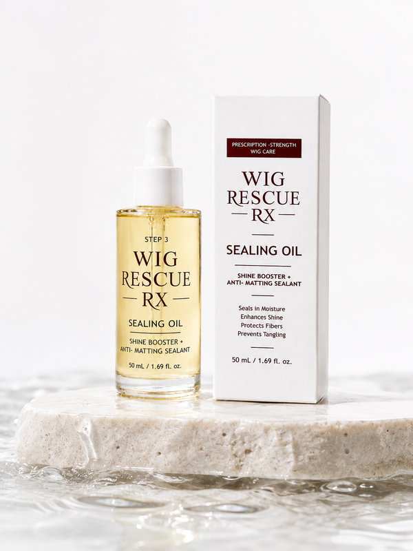 Wig Rescue RX Sealing Oil 50 mL dropper bottle and carton, Step 3 protective sealing technology
