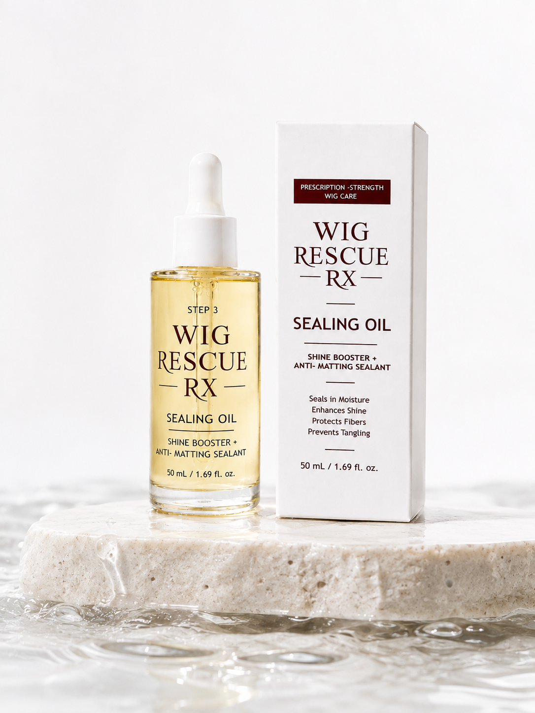 Wig Rescue RX Sealing Oil 50 mL dropper bottle and carton, Step 3 protective sealing technology