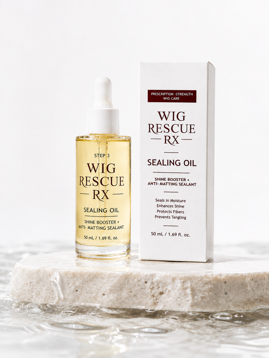 Wig Rescue RX Sealing Oil 50 mL dropper bottle and carton, Step 3 protective sealing technology