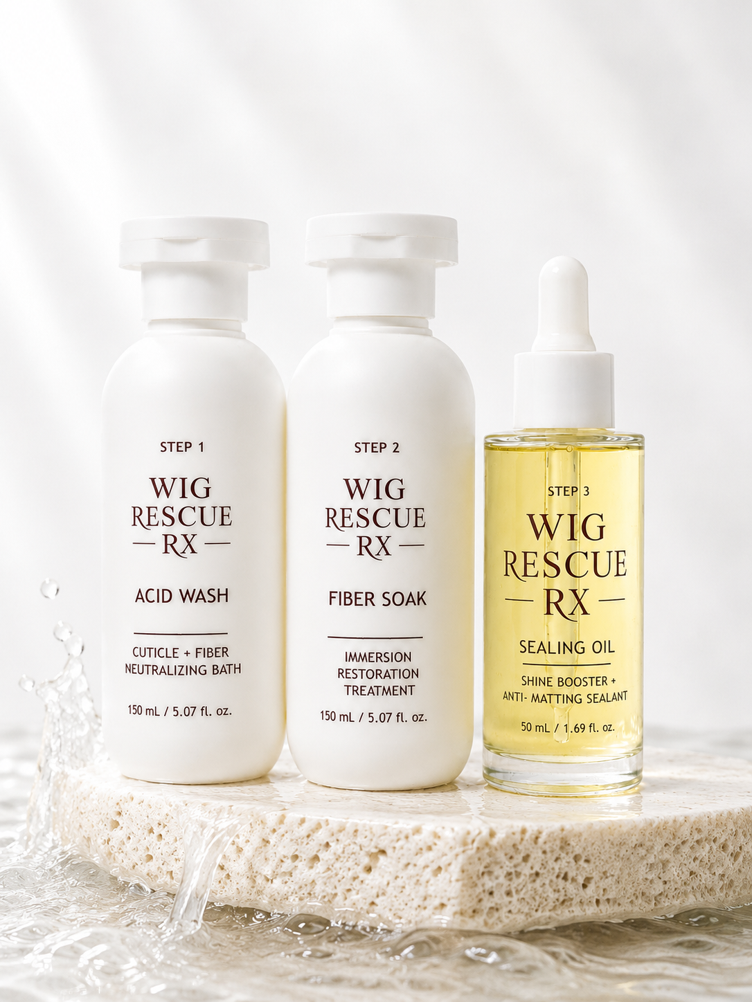 Wig Rescue RX Complete Trilogy Restoration System: Acid Wash, Fiber Soak, and Sealing Oil